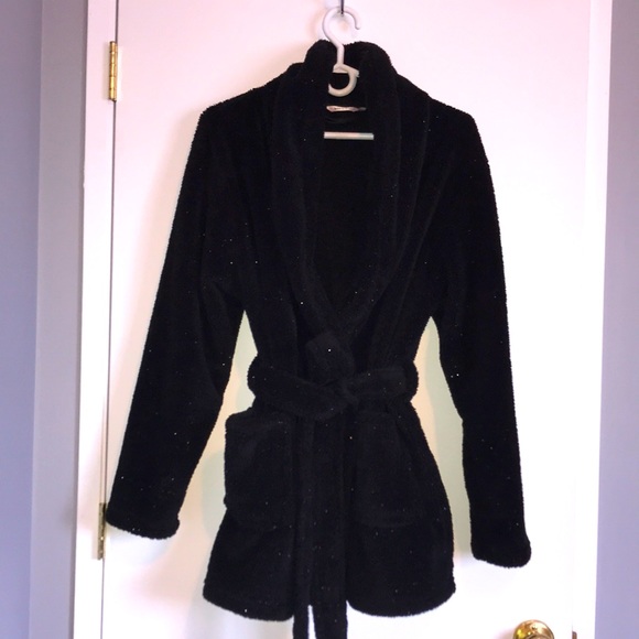 LA VIE EN ROSE Black Glitter Short Plush Robe Womens S/M - Picture 1 of 7